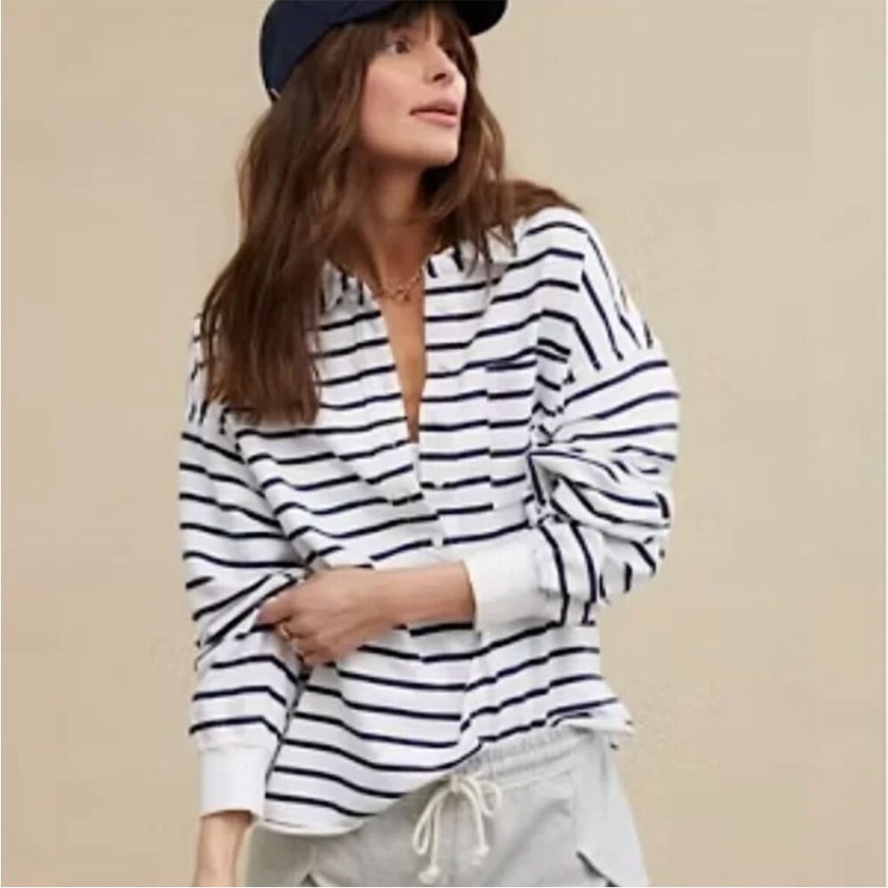 Aerie Take it Easy Popover Polo Stripe Sweatshirt
